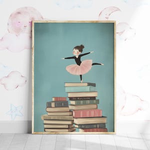 Girls Room Ballerina Reading Print, Pastel Ballet Reader Decor, Bookworm Wall Art, Study Room Print, Playroom Printable Art, Dance Decor