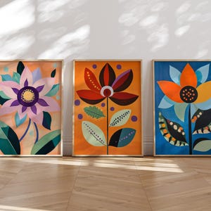 Bold Colorful Flowers Wall Art Set of 3, Nordic Art Prints, Scandinavian Decor, Norwegian Folk Art, Floral Print, Bedroom Living Room Decor