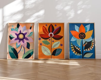 Ensemble d'impressions florales colorées, art populaire scandinave (téléchargement numérique)