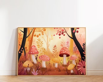 Colorful Mushroom Forest Art Print, Cottagecore Decor (Digital Download)