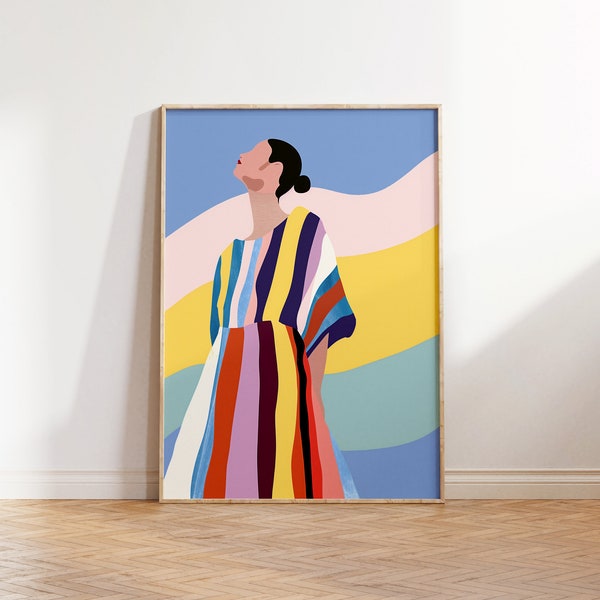 Abstract Woman Decor, Contemporary Striped Wall Art, Colorful Art Print, Stripes Print, Minimalist Portrait Illustration, Eclectic Fine Art