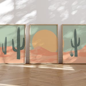 Ensemble de 3 impression d'art minimaliste cactus coucher de soleil, décoration murale bohème du désert, impression minimaliste de la nature moderne, 3 pièces d'art imprimable du sud-ouest de la maison