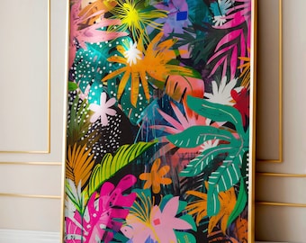 Puede incluir: Una impresión artística enmarcada con un diseño botánico abstracto y vibrante. La obra de arte muestra una exuberante disposición de hojas y flores coloridas en tonos de rosa, verde, naranja y amarillo sobre un fondo oscuro. El marco es dorado.