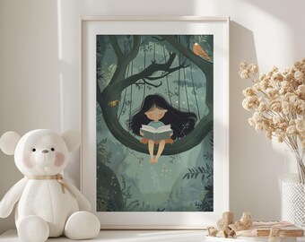 Bookworm Reading Art Print, Girl Reading in Tree (Digital Download)