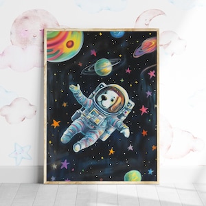 Dog Astronaut Kids Room Wall Art, Outer Space Printable Decor, Colorful Space Nursery Print, Animals Playroom Print, Toddler Bedroom Decor