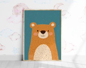 Stampa per cameretta con orsetto carino, illustrazione di animali del bosco (download digitale)