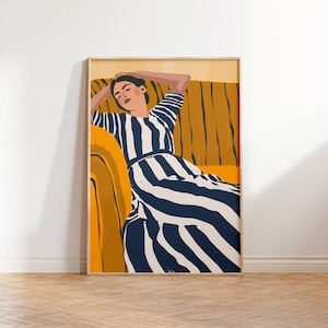 Zeitgenössische Gestreifte Wandkunst, Abstrakte Frau Dekor, Bunte Kunstdruck, Streifen Druck, Minimalistische Porträt Illustration, Eklektische Fine Art