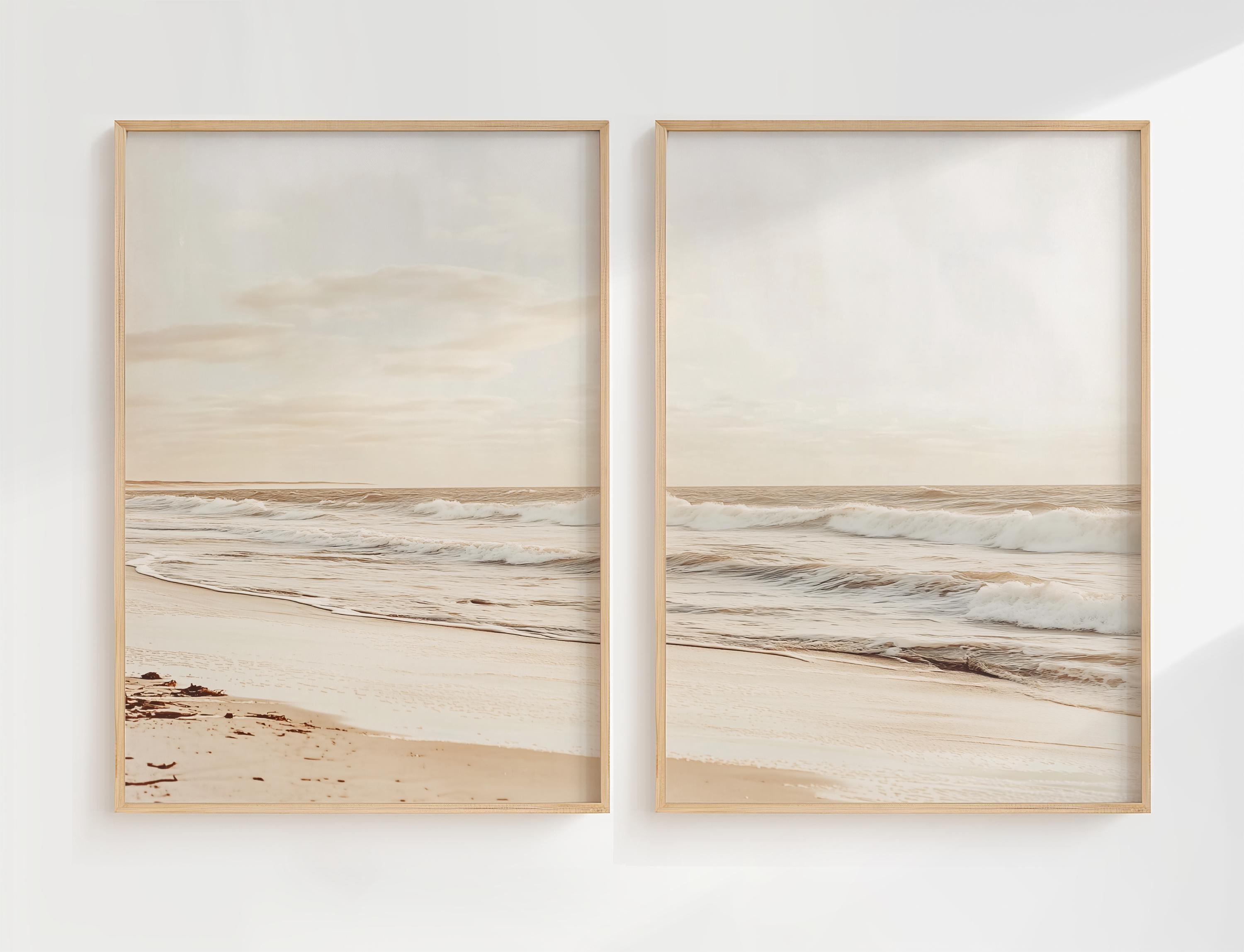 Classic Coastal Art Painting 2 Set, Ocean Landscape, Neutral Beach Print, Classic Beach Painting, Beach House Decor, Coastal Wall Poster