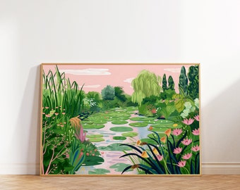 Floral River Landscape Art Print, Colorful Lily Pads (Digital Download)