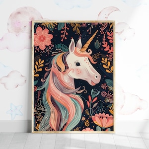 Unicorn Nursery Wall Art, Kids Room Flowers Print, Magical Unicorn Nursery Decor, Girl Room Printable Poster, Boho Playroom Unicorn Print