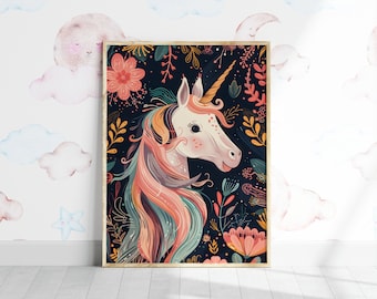 Floral Unicorn Nursery Print, Boho Kids Room Decor (Digital Download)