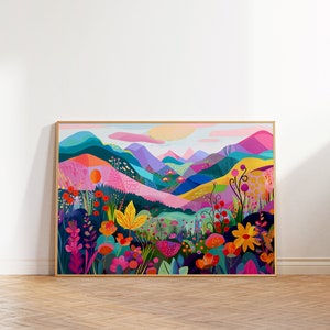 Puede incluir: Una pintura abstracta colorida de un paisaje con montañas, colinas y flores. La pintura está realizada en un estilo vibrante con colores brillantes y líneas audaces. Las montañas son una mezcla de rosa, morado, azul y verde, y las colinas son una mezcla de amarillo, naranja y verde. Las flores son una mezcla de rojo, naranja, amarillo, rosa y morado.
