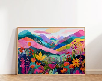 Colorful Landscape Print: Abstract Floral Mountain Decor (Digital Download)