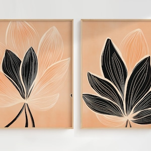 Oversized Black & Peach Flower Prints Set of 2, Moody Terracotta Floral Printable Art, Mid Century Decor, Abstract Organic Modern Poster Set
