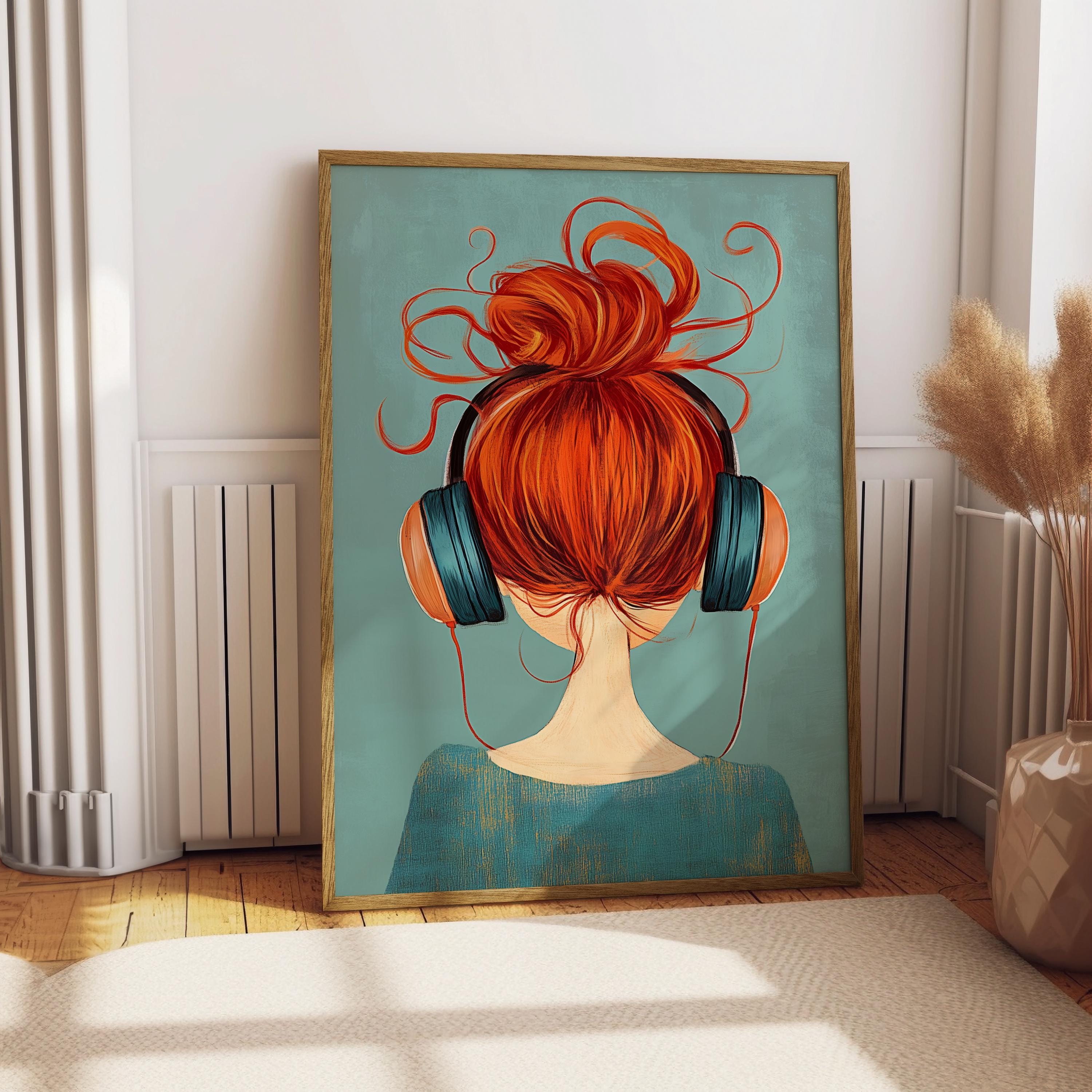 Redhead Headphones Music Print, Trendy Teen Girl Wall Art (digital