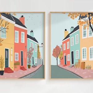Cute Pastel Townhouses Print Set of 2, Colorful Houses Art, Whimsical Houses Decor, Cityscape Pastel Illustration, Colorful Houses Poster
