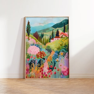 Bunte Landschaft Wandkunst, Blumengarten Landschaft, helle Sommer Illustration, lebendige Blumen bedruckbar, botanische Zeichnung, Patchwork Dekor
