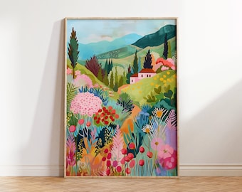 Floral Landscape Art Print, Colorful Flower Garden Scenery (Digital Download)