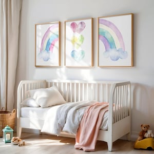 Pastel Rainbow Hearts Wall Art Set of 3, Colorful Nursery Art Prints, Weather Playroom Posters, Rainbow Wall Decor, Girls Room Printable