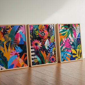 Maximalist Floral Wall Art Set of 3, Abstract Vibrant Flower Decor, Trendy Bright Art, Printable Eclectic Print, Colorful Jungle Art Poster