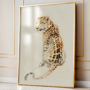 Arte de pared de leopardo, dibujo de leopardo, decoración de animales, póster digital de safari, dibujo de leopardo a lápiz, arte de pared de gran felino IMPRIMIBLE