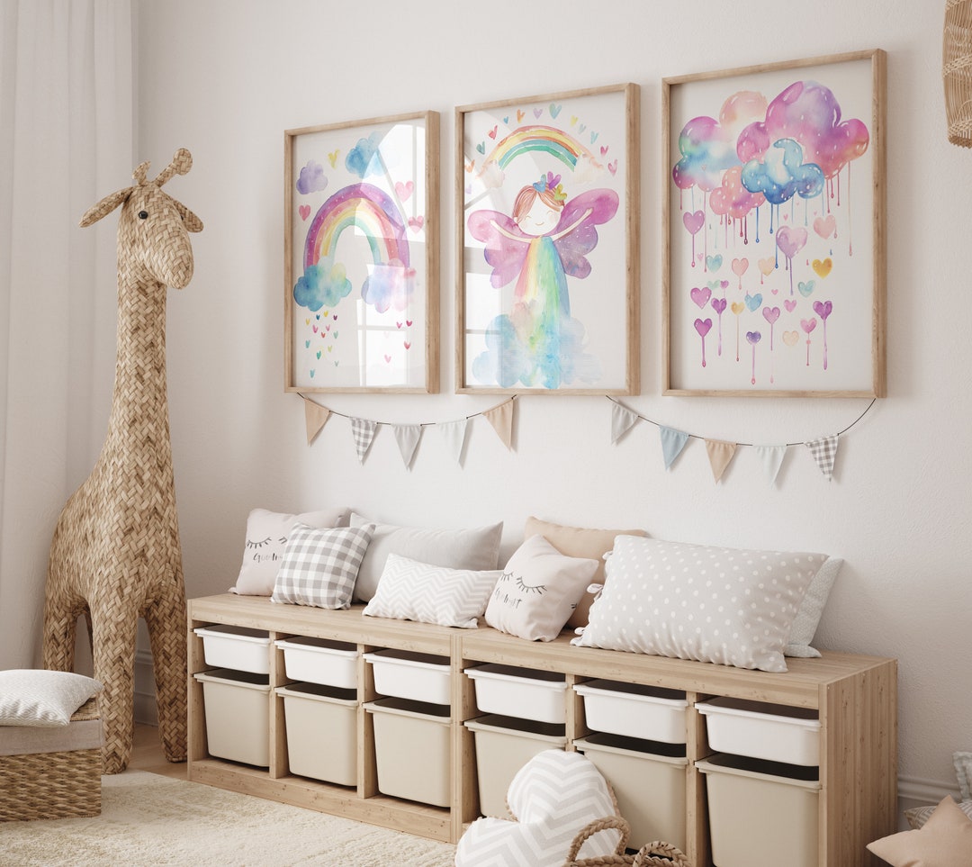 Fairy Rainbow Nursery Art Prints, Pastel Kids Room Decor (digital ...