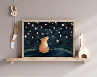Capybara Night Sky Nursery Art, Kids Room Decor (Digital Print)