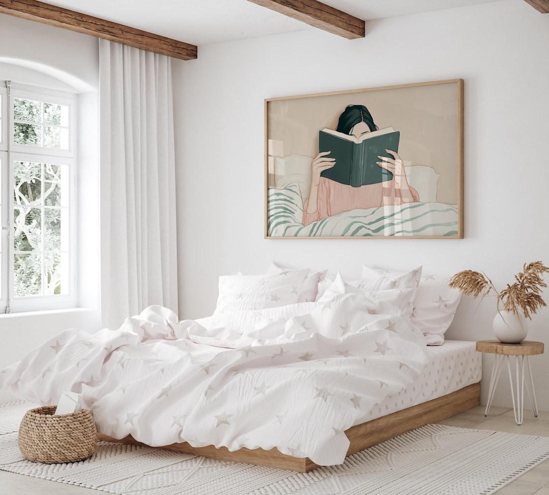 Woman Reading in Bed Wall Art, Library Decor, Book Lover Digital Print ...