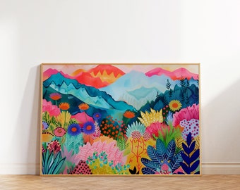 Colorful Floral Mountain Landscape Print, Vibrant Acrylic Illustration (Digital Download)