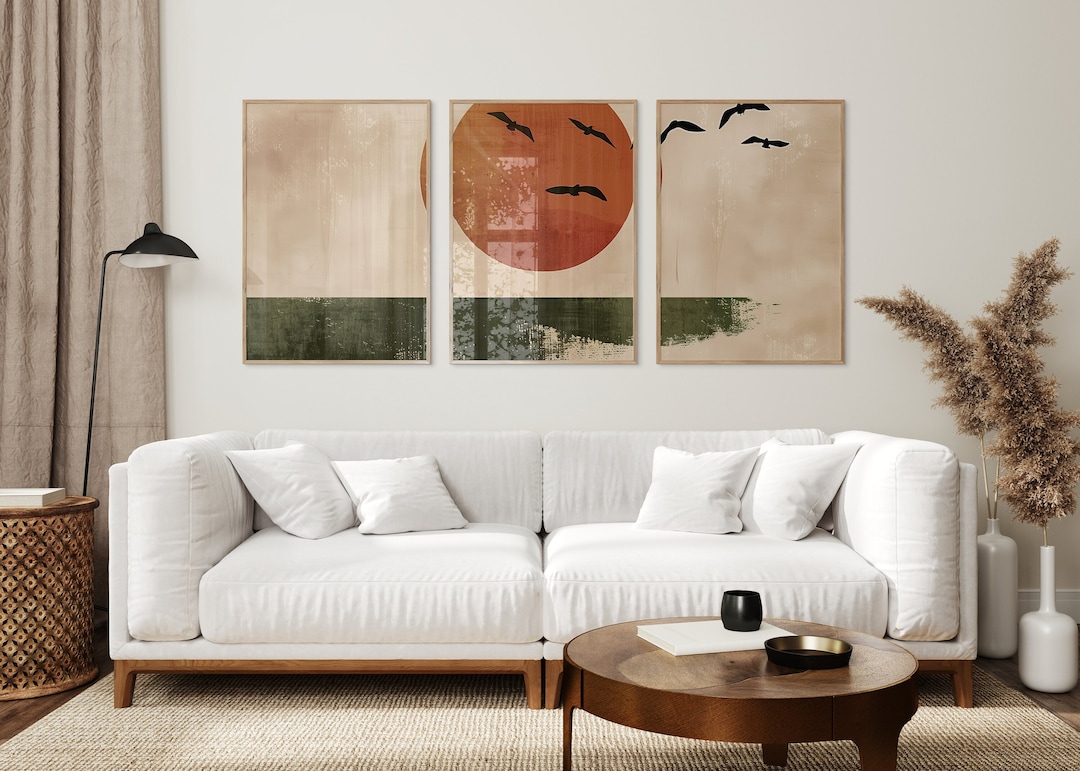 Japandi Boho Wall Art, Abstract Sun and Birds Set of 3 Prints