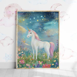 Arte de parede para berçário de unicórnio, impressão de flores para quarto de crianças, decoração colorida para berçário de unicórnio, pôster para impressão de quarto de menina, impressão de unicórnio para sala de jogos boho