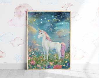 Boho Unicorn Nursery Print, Kids Room Floral Wall Art (Digital Download)