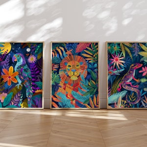 Jungle Animals Vibrant Wall Art Set of 3, Abstract Maximalist Print, Colorful Decor, Parrot Lion Lizard Eclectic Wall Art, Kids Room Art