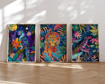 Jungle Animals Vibrant Art Prints, Parrot, Lion, Lizard (Digital Download)