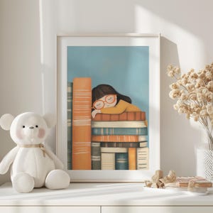 Girls Room Reading Print, Pastel Reading Decor, Bookworm Wall Art, Study Room Print, Library Printable Art, Read Book Decor,Cute Reader Gift