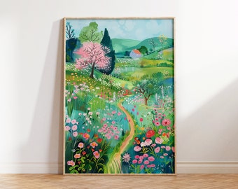 Floral Landscape Art Print, Colorful Flower Garden Scenery (Digital Download)