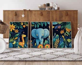 Elephant Nursery Art Prints: Set of 3 Floral Jungle Posters (Digital Download)