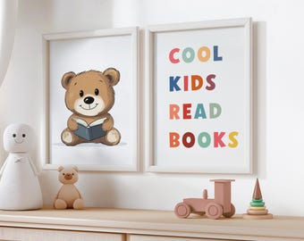 Cool Kids Read Books Print, Bear Reading, Playroom Decor (Digital Download)
