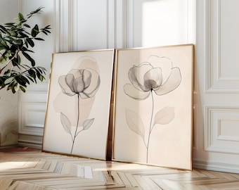 Juego de 2 impresiones botánicas bohemias, arte imprimible de flores silvestres beige, arte de pared de galería beige, arte de decoración del hogar con flores de acuarela de líneas abstractas