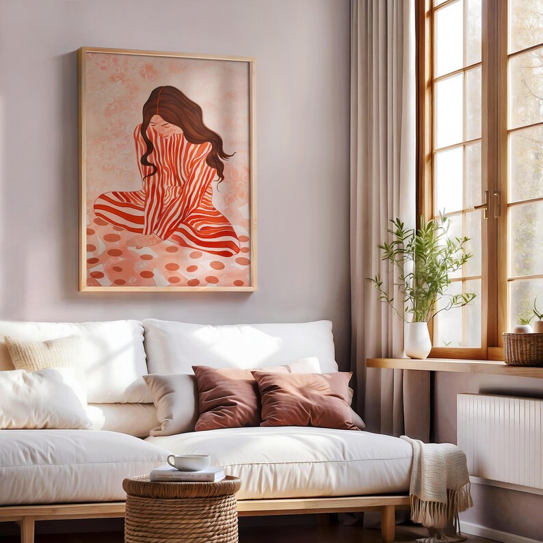 Red Striped Wall Art, Abstract Woman Decor, Colorful Poster