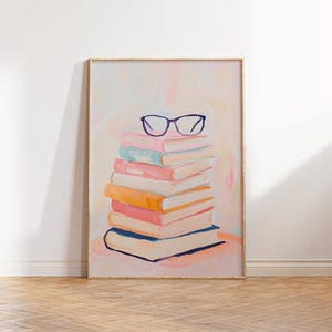 Stack of Books Wall Art, Book Lover Print, Bookworm Painting, Pastel Printable Books Art, Reading Decor, Library Art, Apartment Aesthetic