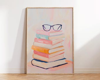 Pastell Stapel Bücher Druck, Bibliothek Wand Kunst (Digitaler Download)