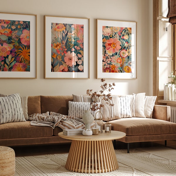 Väggkonst med pastellfärgade bohemiska blommor i mid-century-stil, set om 3, retrobukettdekor, konstnärligt blommigt botaniskt tryck, moderna vardagsrumsaffischer i mid-century-stil