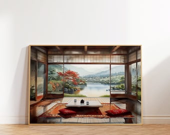 May include: A framed painting depicting a traditional Japanese room with a view of a lake and mountains through a large window. The room features a low table with cushions on the floor, and a wooden floor.