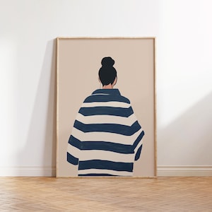 Arte murale contemporanea a righe, decorazione femminile, stampa artistica di moda, stampa a righe, illustrazione di ritratto minimalista, belle arti eclettiche