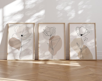 Boho Botanical Print Set of 3, Beige Gallery Wall art, Beige Wild Flowers Printable Art, Abstract Line Watercolor Floral Home Decor Art