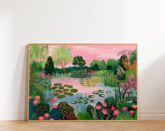 Colorful Lake Landscape Art Print, Floral Woodland Scenery (Digital Download)