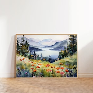 風景水彩画、野花の草原の装飾、朝霧の山の絵画、山の風景の壁アート、山の森のプリント