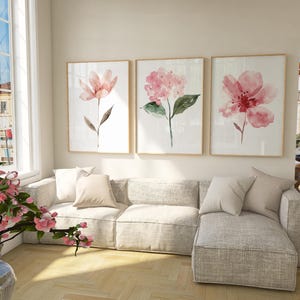 Pink Flowers Set Of 3 Prints, Pink Wall Art, Flower Boho Prints, Gift For Her, Bedroom Floral Art, Neutral Home Decor, Above Bed Posters