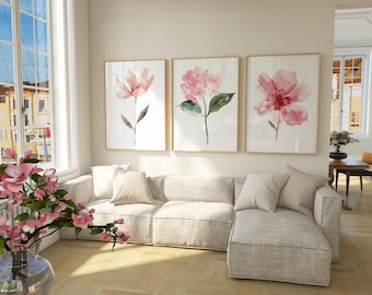 Pink Flower Watercolor Prints Set: Boho Floral Wall Art (Digital Download)